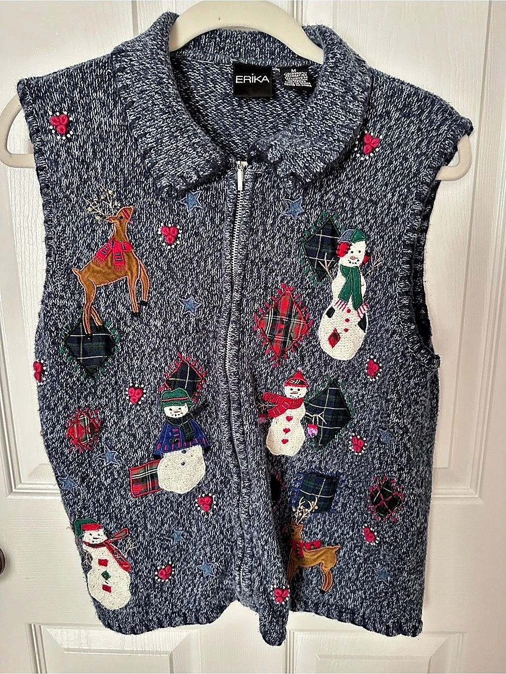 ERIKA Vintage Christmas Reindeer & Snowman Holiday Sweater Vest Sweater Vest